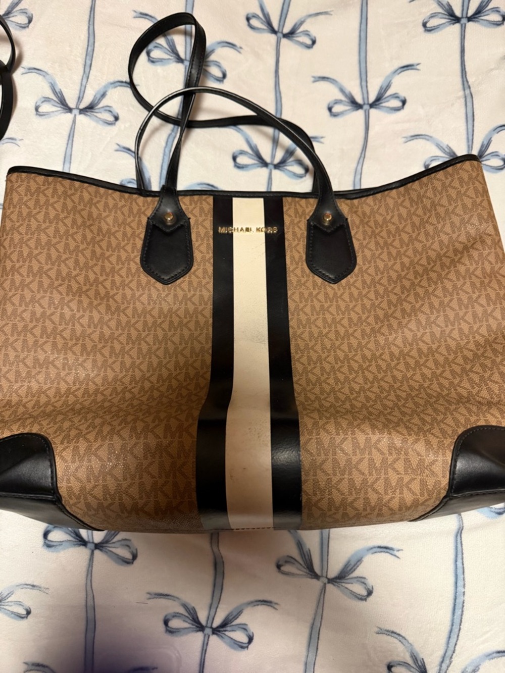 Michael Kors Brown Logo Tote with Black and Cream Racing Stripe